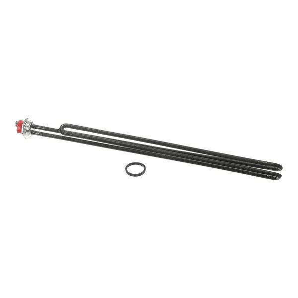 A long, U-shaped metal heating element with a threaded base and a separate circular gasket.