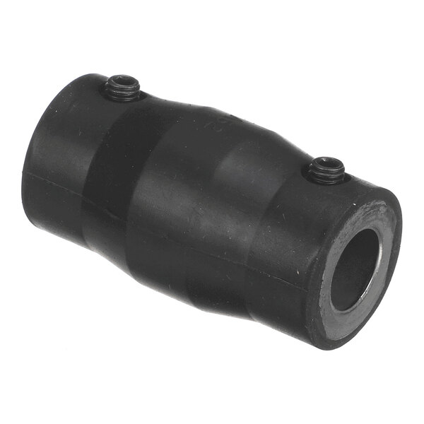 A black cylindrical mechanical coupling with two visible set screws and a central hole running through its length.