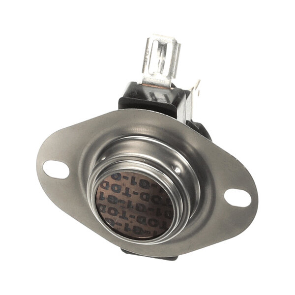 A metal and plastic electronic component with two mounting holes and a terminal connector.
