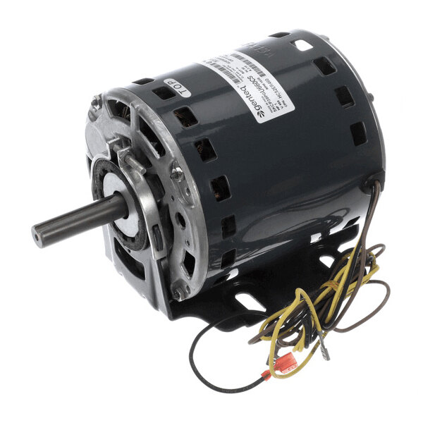 A cylindrical electric motor with a metal mounting base, exposed shaft, ventilation slots, and attached wires.