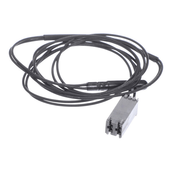 A black cable with a rectangular gray connector at one end, coiled on a white background.