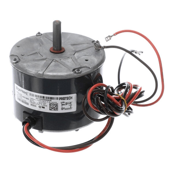 A cylindrical electric motor with a central shaft, attached wires, and a label on the side.