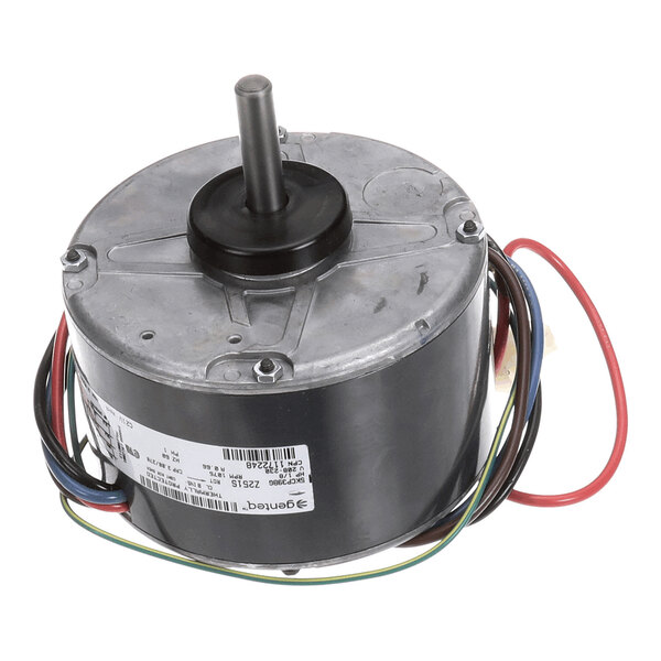A cylindrical electric motor with a central shaft and several colored wires extending from its side.