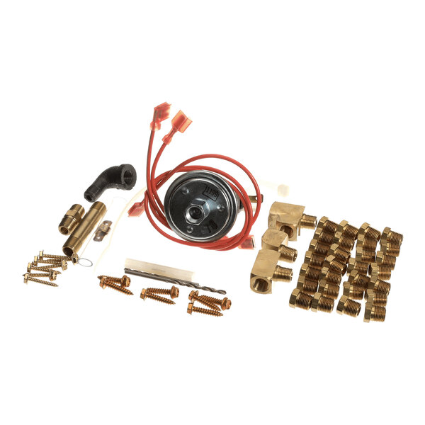A collection of various metal fittings, screws, brass connectors, a black elbow piece, a circular component with red wires, and other small hardware parts arranged on a white background.