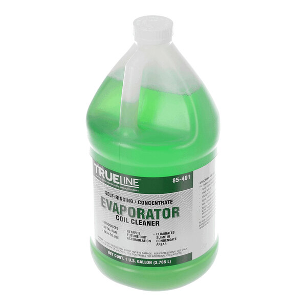 A translucent plastic gallon jug filled with green liquid, labeled as evaporator coil cleaner.