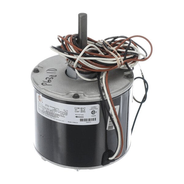 A cylindrical electric motor with a central shaft and multiple colored wires coiled on top.