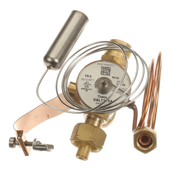 A metallic valve assembly with coiled copper tubing, a cylindrical sensor, and brass fittings.