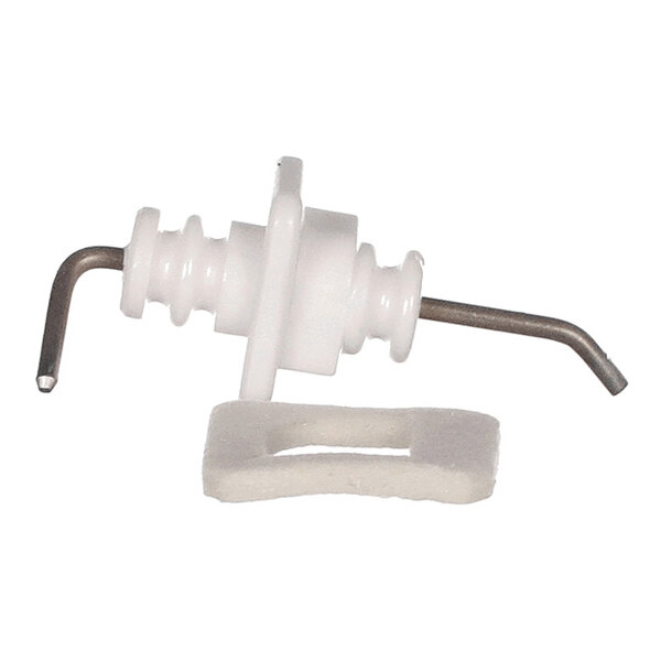 A small white plastic and metal component with two bent metal rods and a separate rectangular white foam or rubber piece.