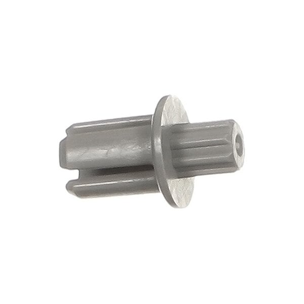 A small, gray, cylindrical plastic component with a flange in the middle and ridges along its length.