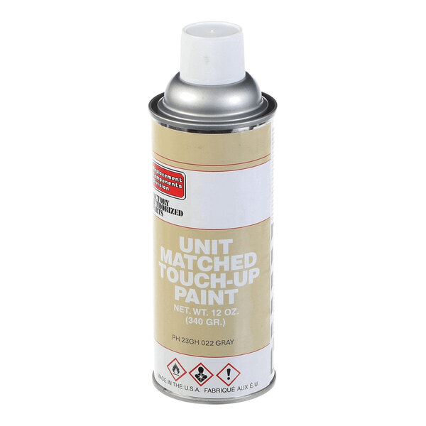 A can of unit matched touch-up paint with a beige and white label and a white spray cap.