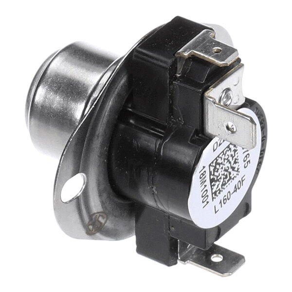 A close-up view of a round, metal and plastic electrical component with two metal terminals and a mounting flange.