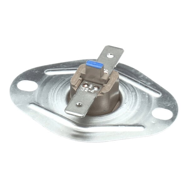 A small metallic component with a round base, two mounting holes, and two flat electrical terminals on top.