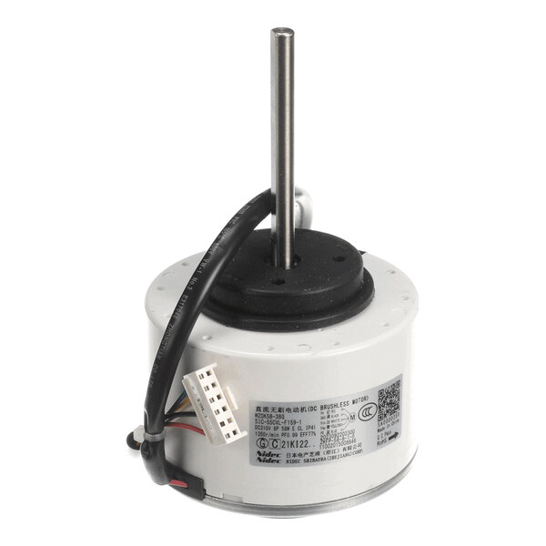 A cylindrical brushless DC fan motor with a central shaft, attached wires, and a connector, featuring a label with technical specifications.