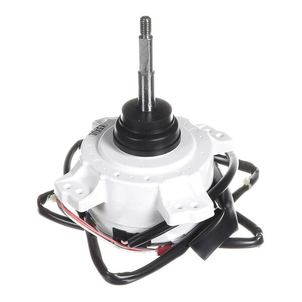 A compact electric motor with a central shaft, mounting flanges, and attached wiring.