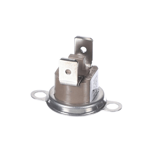 A small round electronic component with two metal mounting tabs and two upright metal terminals.
