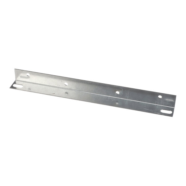 A metal angle bracket with multiple holes and slots for mounting purposes.