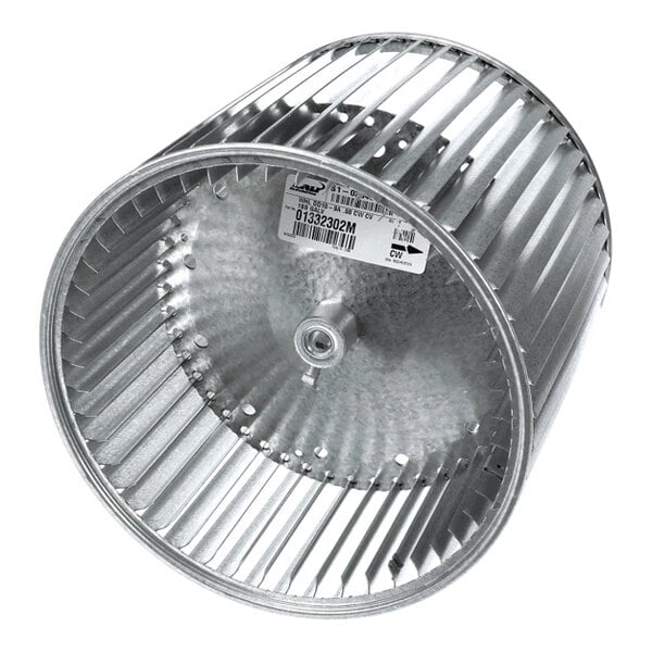 A cylindrical metal blower wheel with evenly spaced blades and a central mounting hub, featuring a label with barcodes and product information.