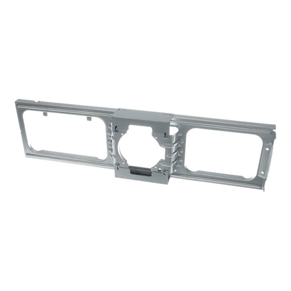 A metallic rectangular frame with multiple cutouts and a central mounting section.