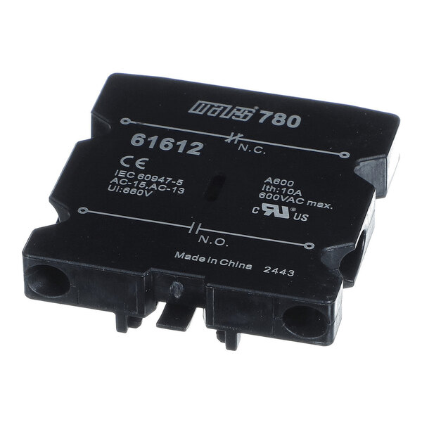 A black rectangular electrical component with printed technical specifications and two circular openings on one side.