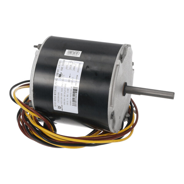 A cylindrical electric motor with a protruding shaft and several colored wires coiled around its base.