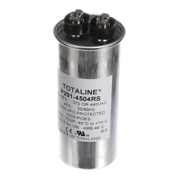 A cylindrical metallic capacitor with two terminal connectors on top and a label displaying technical specifications.
