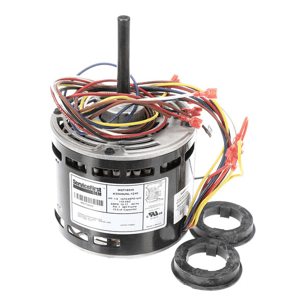 A cylindrical electric motor with multiple colored wires and two black plastic mounting rings placed beside it.