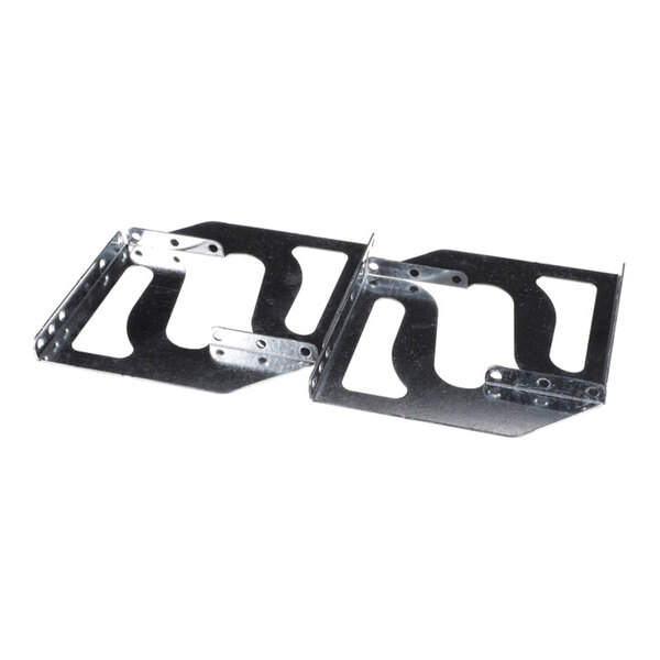 Two metal brackets with cut-out sections and multiple screw holes, likely used for mounting purposes.