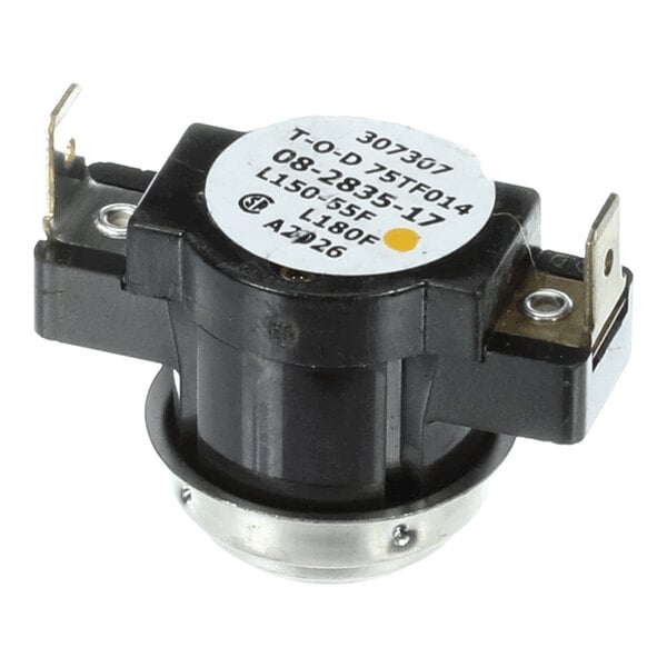A black and silver electronic component with two metal terminals and a white label displaying technical information.
