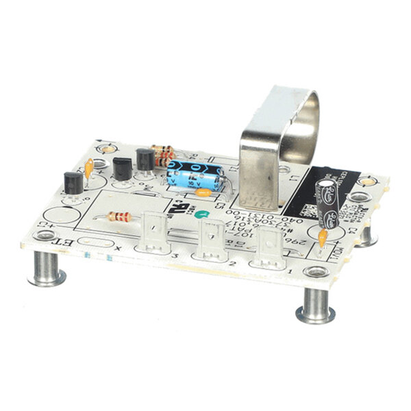 A small electronic circuit board with various components, including capacitors, resistors, transistors, and a prominent metal loop, mounted on four standoffs.