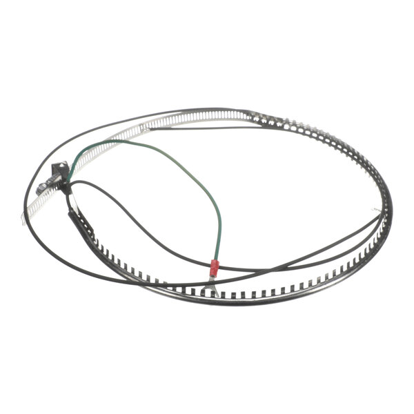 A circular metal band with attached wires and connectors, likely an electrical heating element or component.