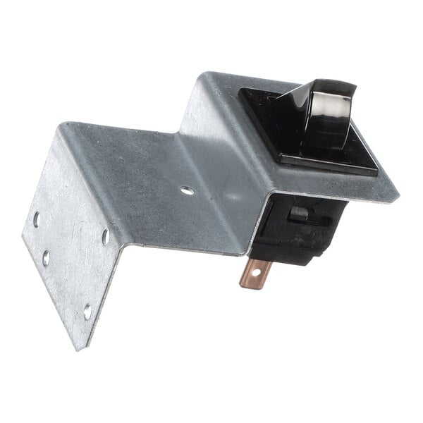 A metal bracket with a mounted black toggle switch and electrical terminals.