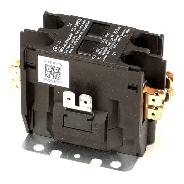 A black electrical contactor with multiple metal terminals and a metal mounting base.