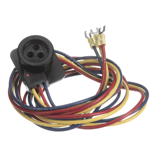 A black circular electrical connector with three holes, attached to a bundle of red, yellow, and blue wires with metal fork terminals at the ends.