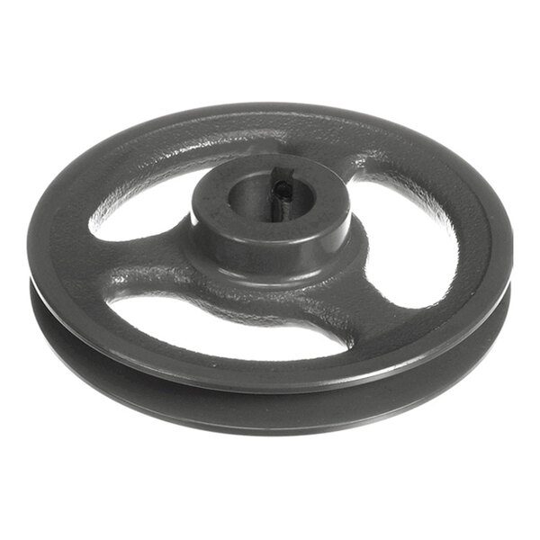 A metal wheel with a central hub and three curved spokes, featuring a grooved outer edge.