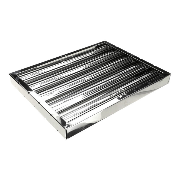 A rectangular, metallic, slatted filter with a shiny, reflective surface and two handles on the top side.