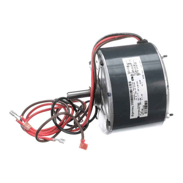 A cylindrical electric motor with attached wires and a label, shown on a white background.
