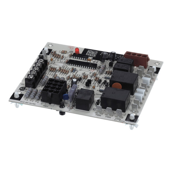 A rectangular electronic circuit board with various components including relays, connectors, resistors, and integrated circuits mounted on its surface.
