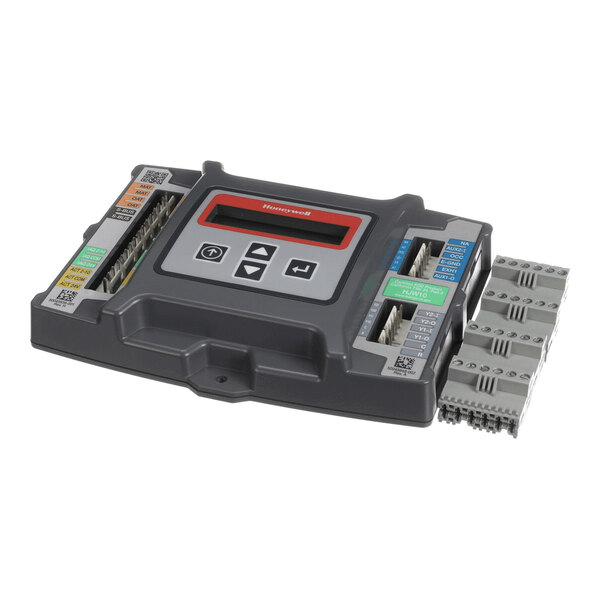 A rectangular electronic control device with a digital display, labeled buttons, and multiple color-coded terminal connections on the sides.