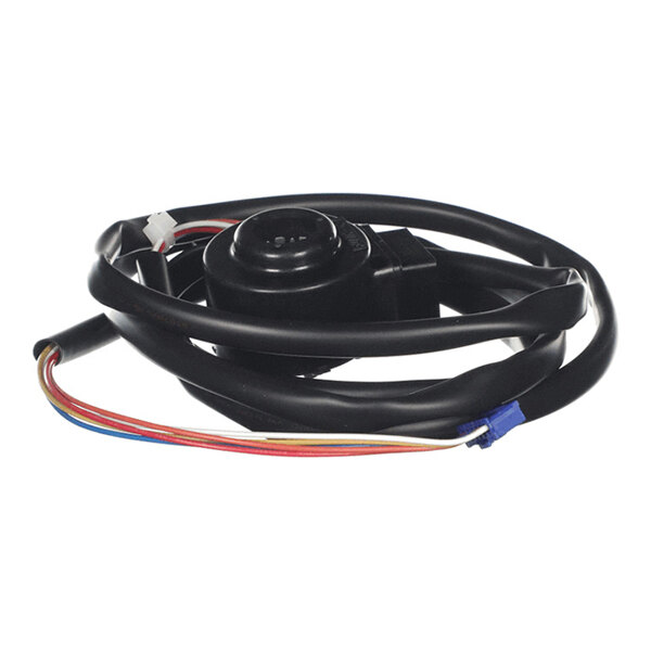 A coiled black cable with a round central component and several colored wires extending from one end.