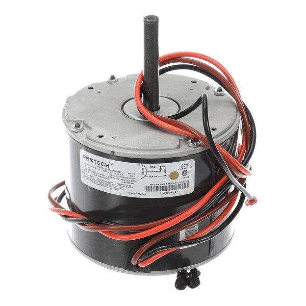 A cylindrical electric motor with a central shaft and several red and black wires extending from the top.