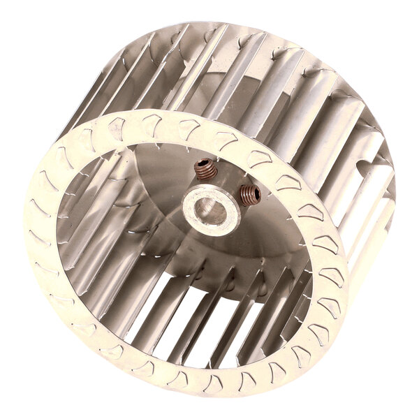 A metallic cylindrical blower wheel with evenly spaced blades and a central hub featuring two set screws.