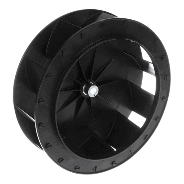 A black plastic impeller wheel with multiple blades and a central hub.