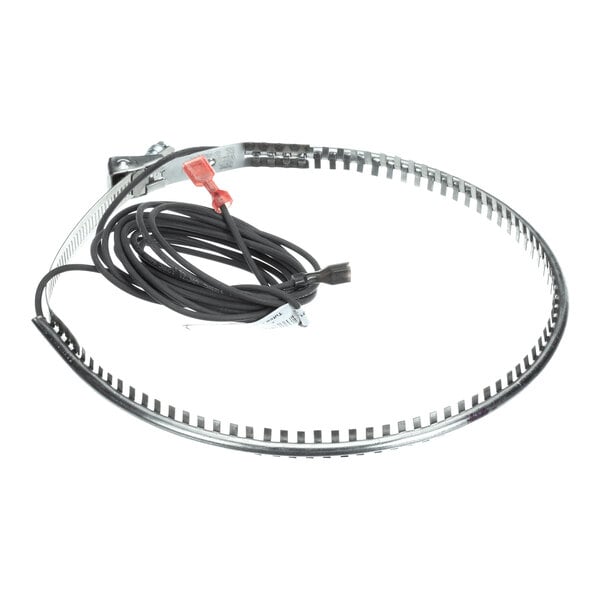 A metal circular clamp with a coiled black electrical wire attached.