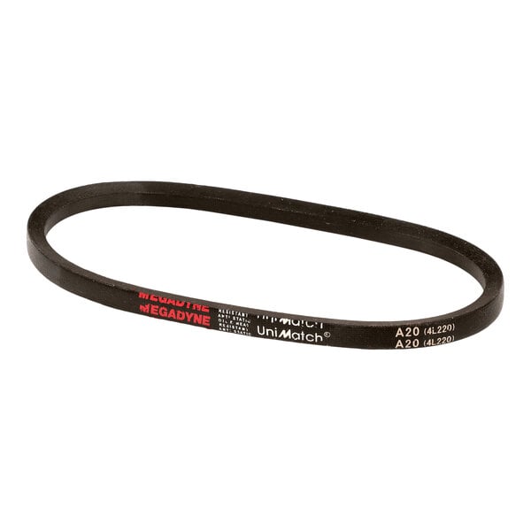 A black, flat, looped drive belt with white and red text markings on its surface.