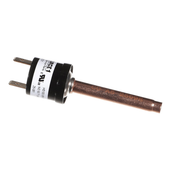 A cylindrical electronic component with two metal prongs and a copper tube extending from one end, featuring a label with technical information.