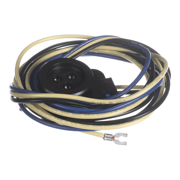 A coiled set of black, blue, and yellow electrical wires with a round black connector and a forked metal terminal at the end.
