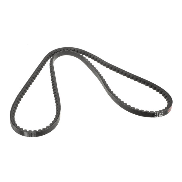 A black, toothed drive belt with a cogged inner surface, laid out in a loose loop on a white background.