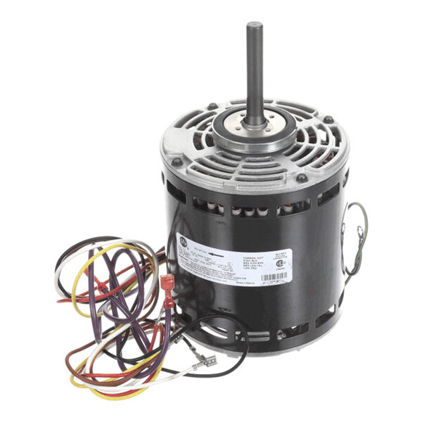 A cylindrical electric motor with a central shaft, ventilation openings, and several colored wires extending from its base.