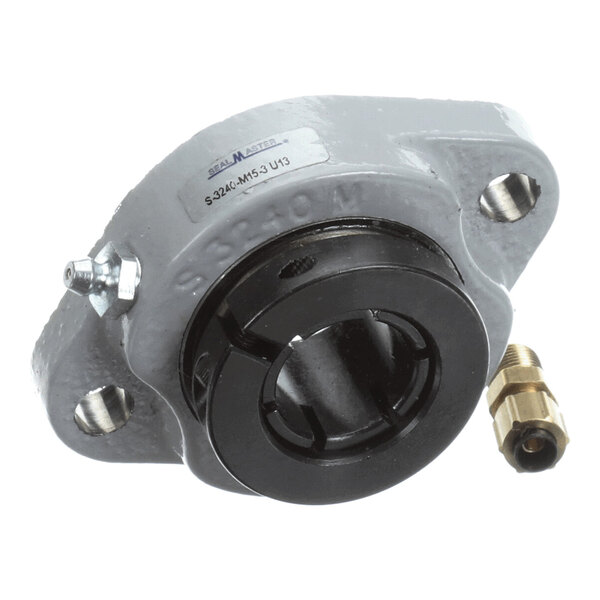 A gray, two-bolt flange bearing housing with a black bearing insert and a brass grease fitting placed beside it.