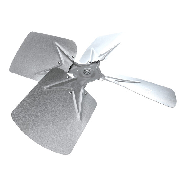 A three-blade metallic fan blade assembly with two wide, textured blades and one narrower, smooth blade.